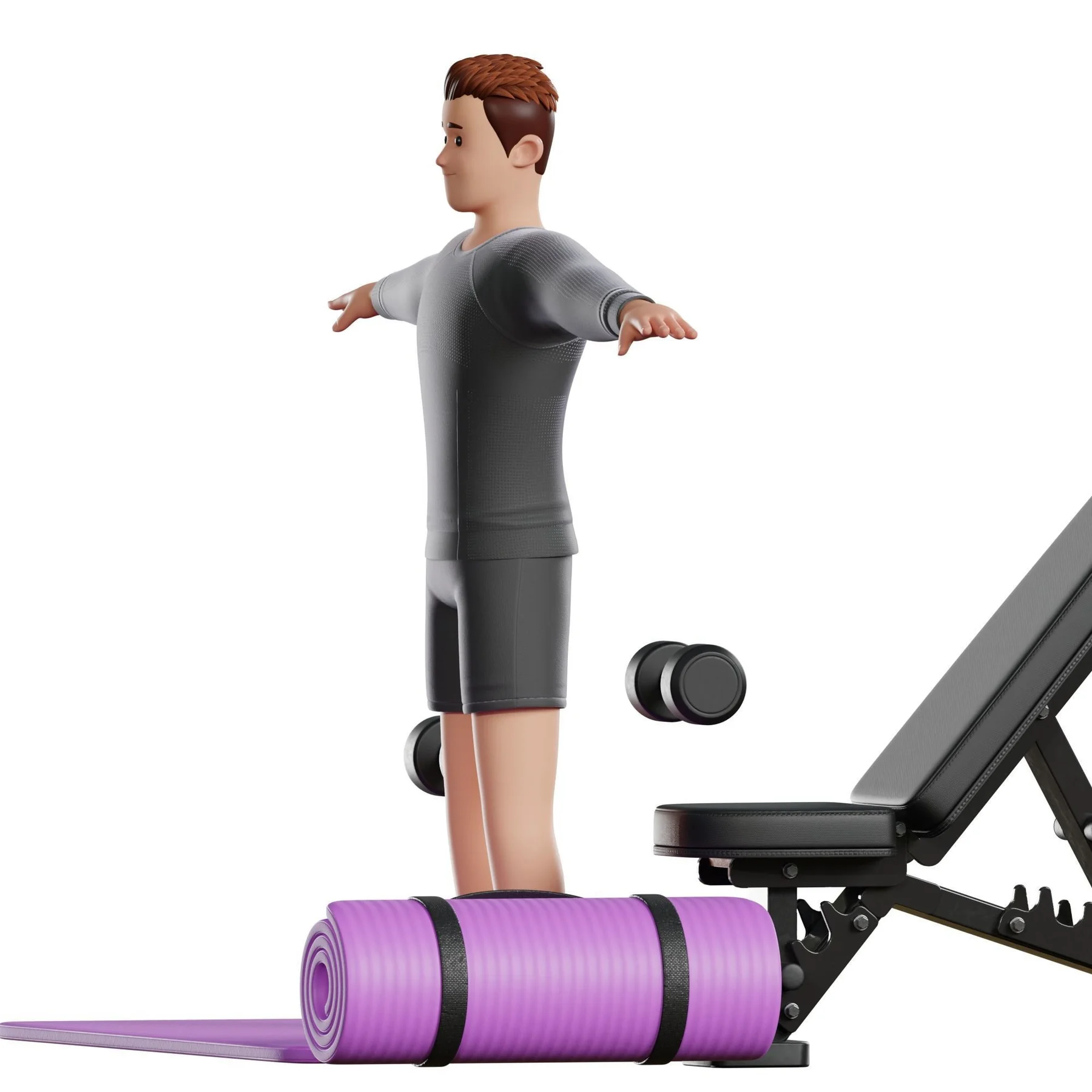 Fitness Man character preview side t pose with gym equipment