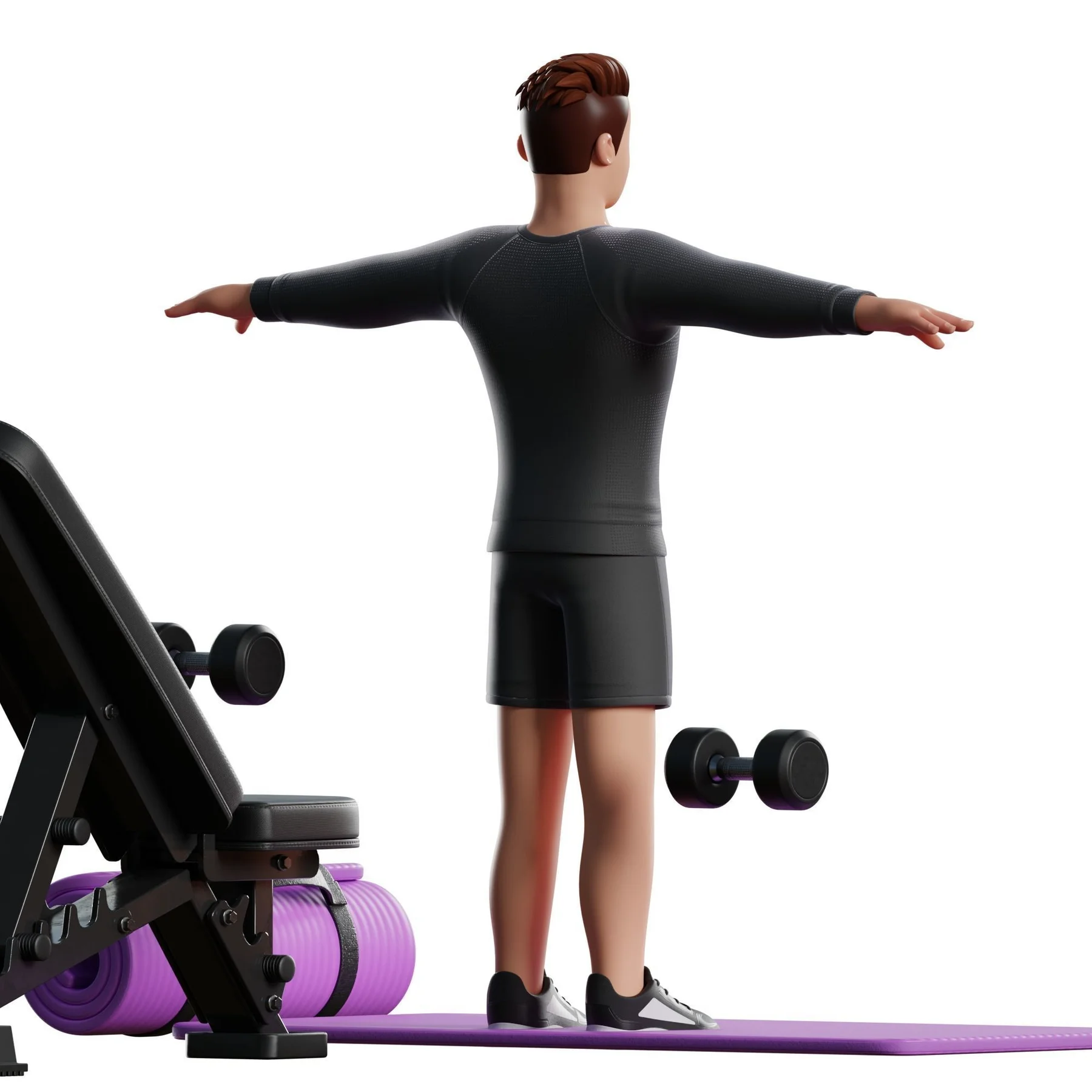 Fitness Man character preview back t pose with gym equipment