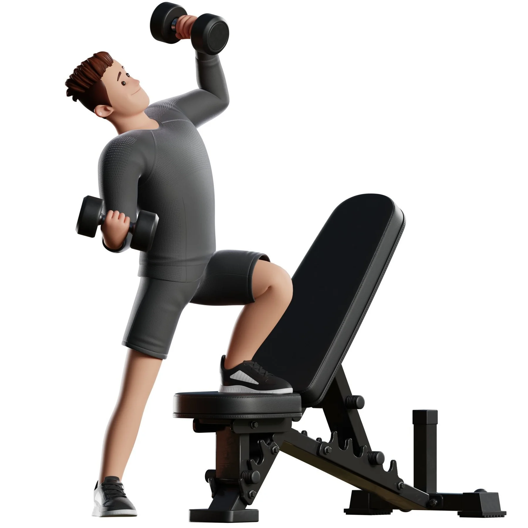 Fitness Man pose preview standing dumbbells one foot on bench