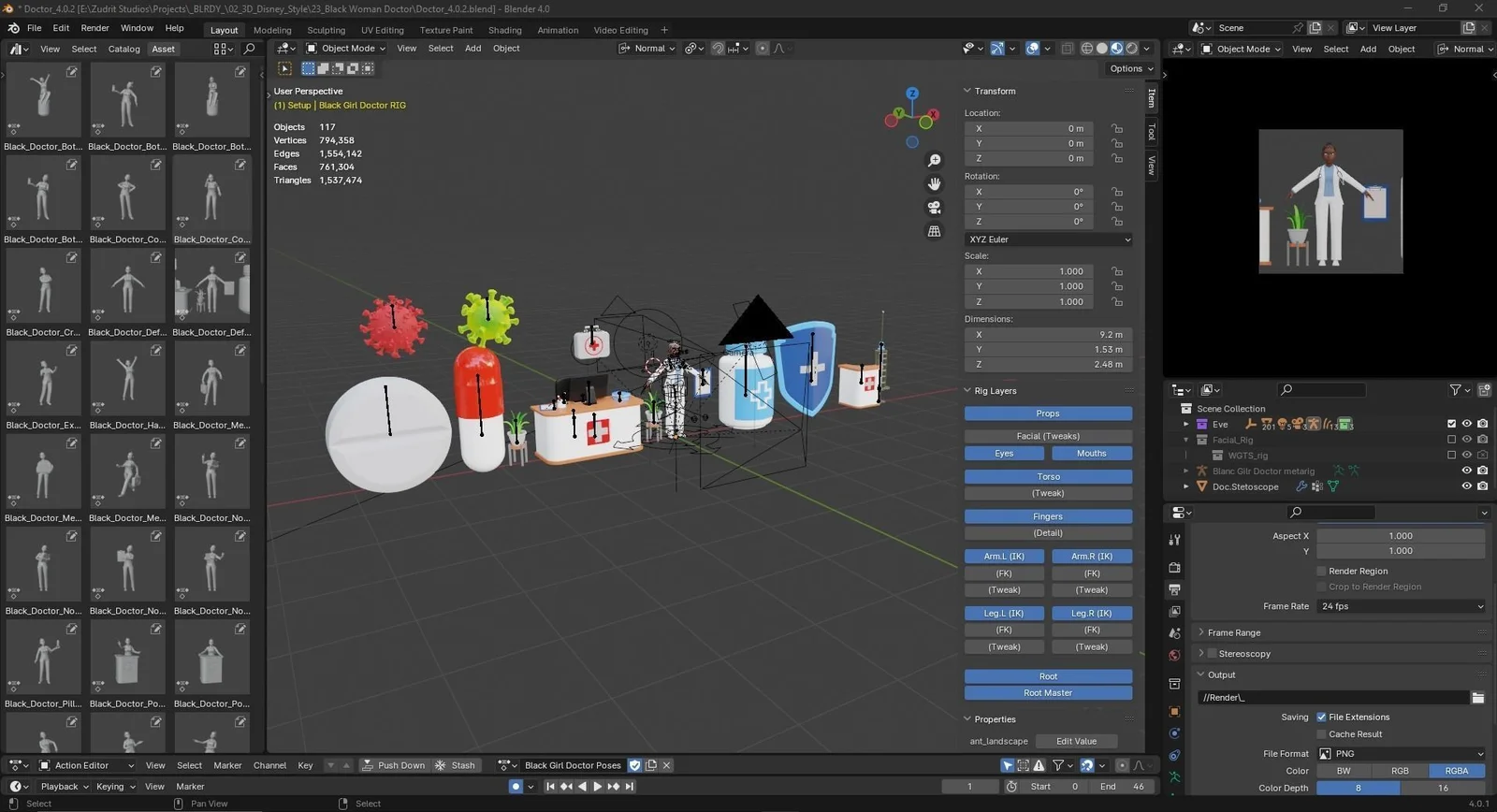 Black Female Doctor: blender rig preview character medical props and pose library three quarter