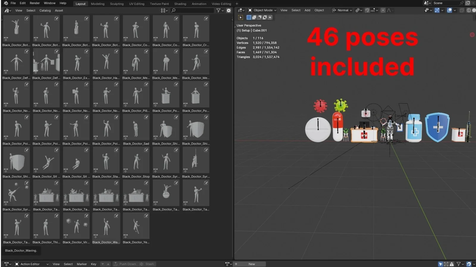 Black Female Doctor: blender pose library preview character poses and medical assets