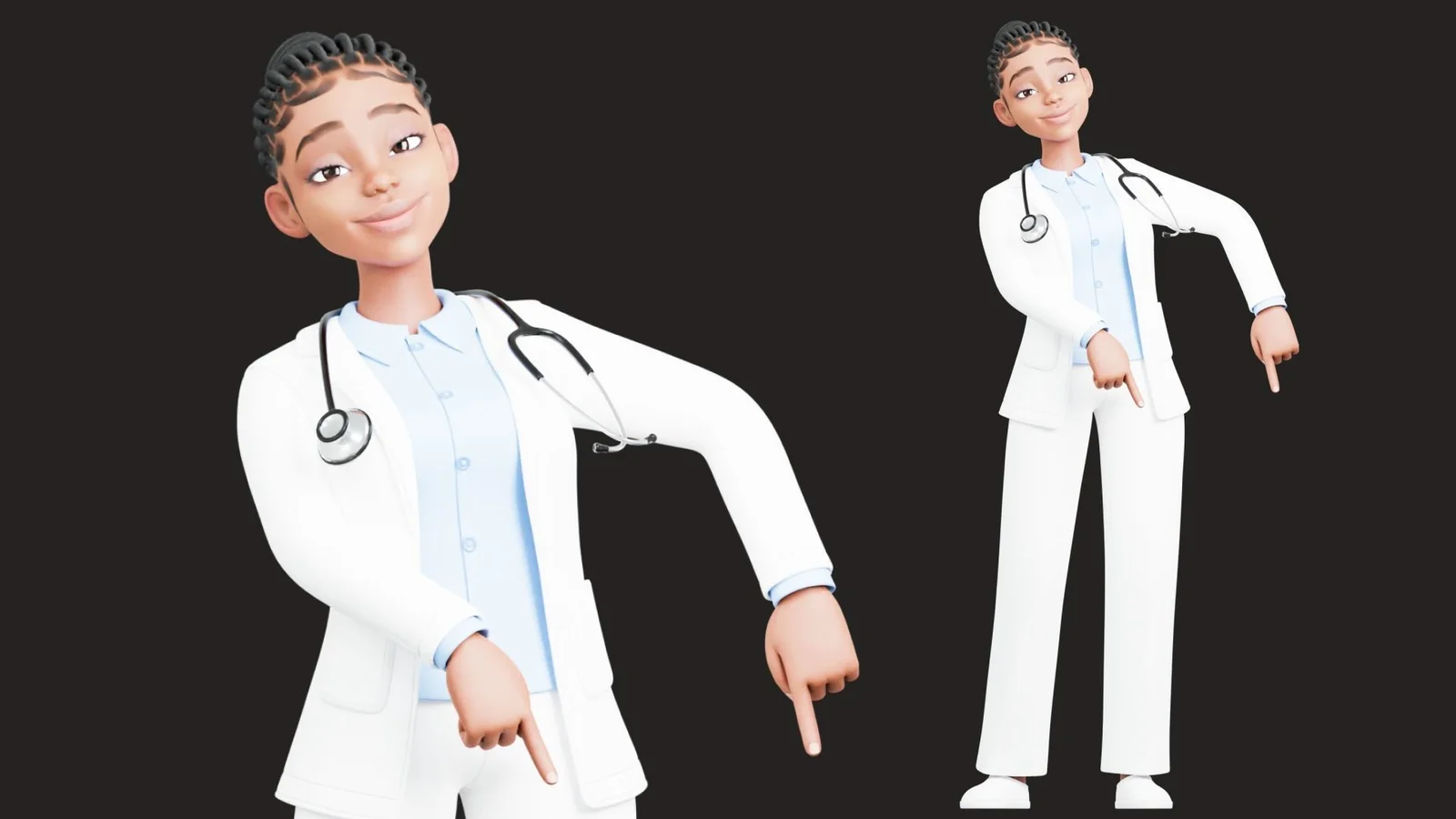 Black Female Doctor: pose preview doctor pointing down with both hands