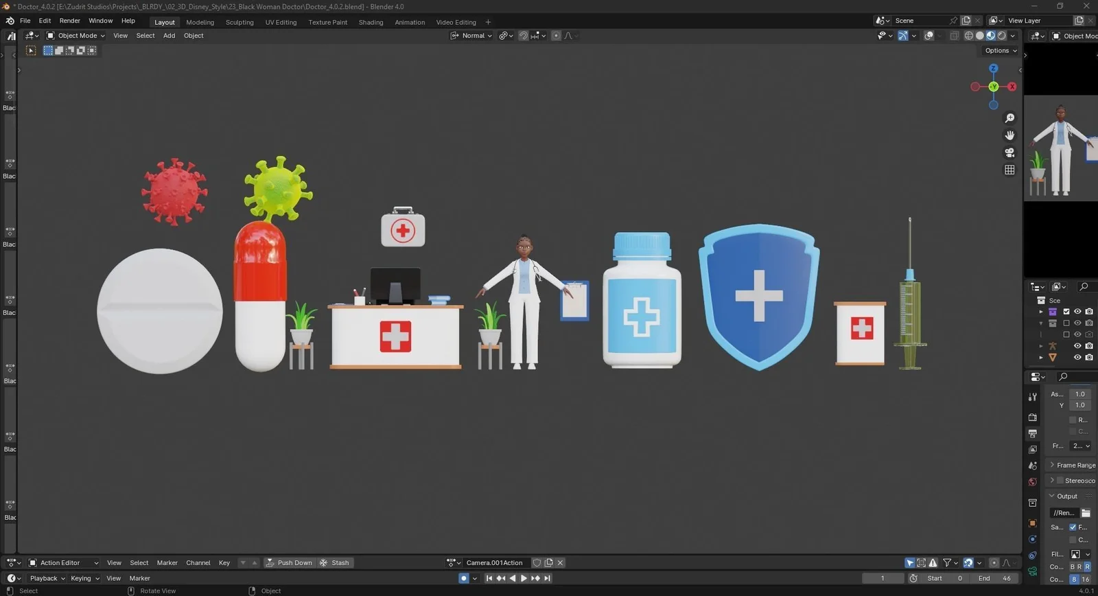 Black Female Doctor: blender assets preview complete medical props lineup