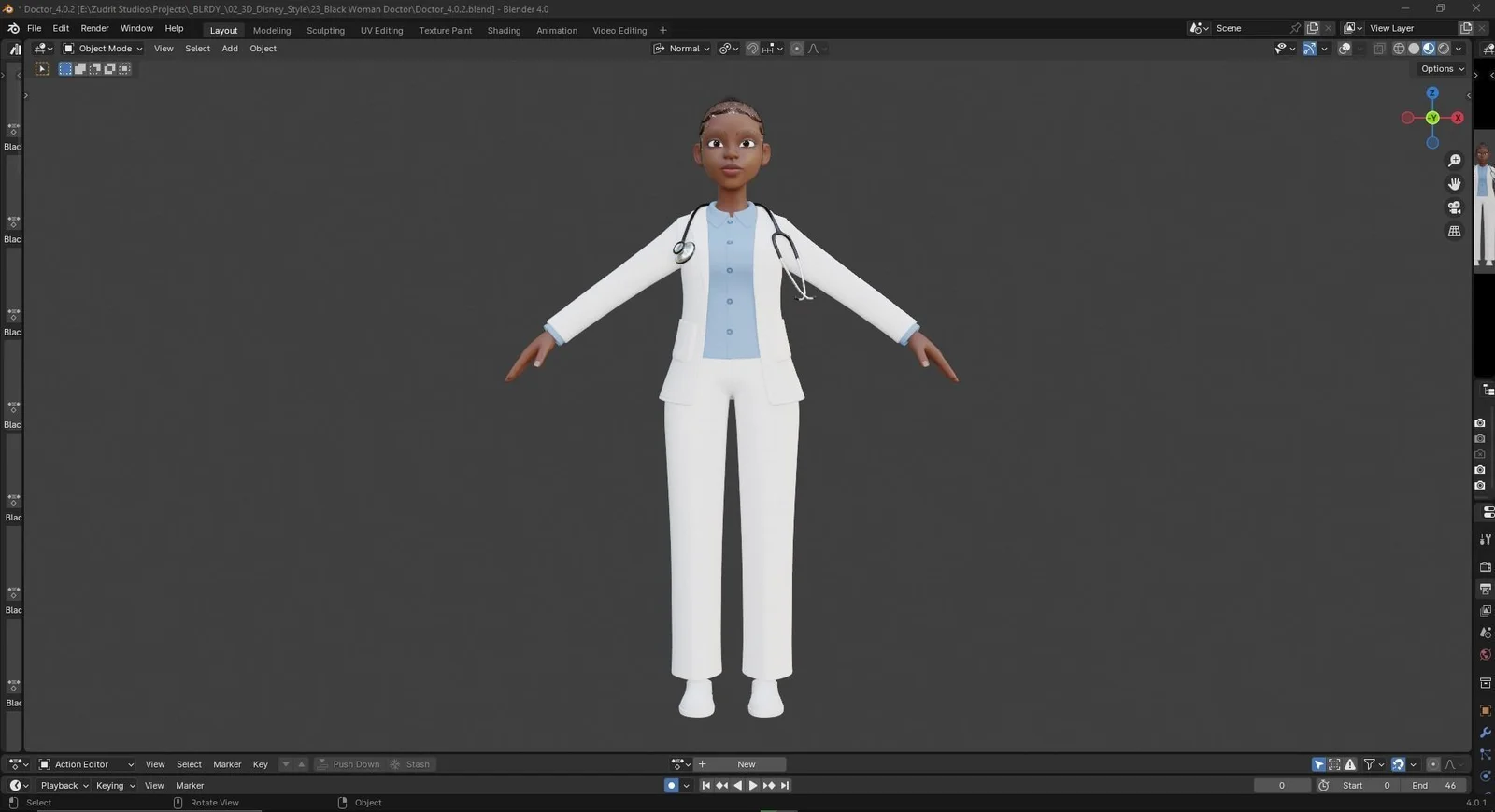 Black Female Doctor: blender character preview full body a pose front