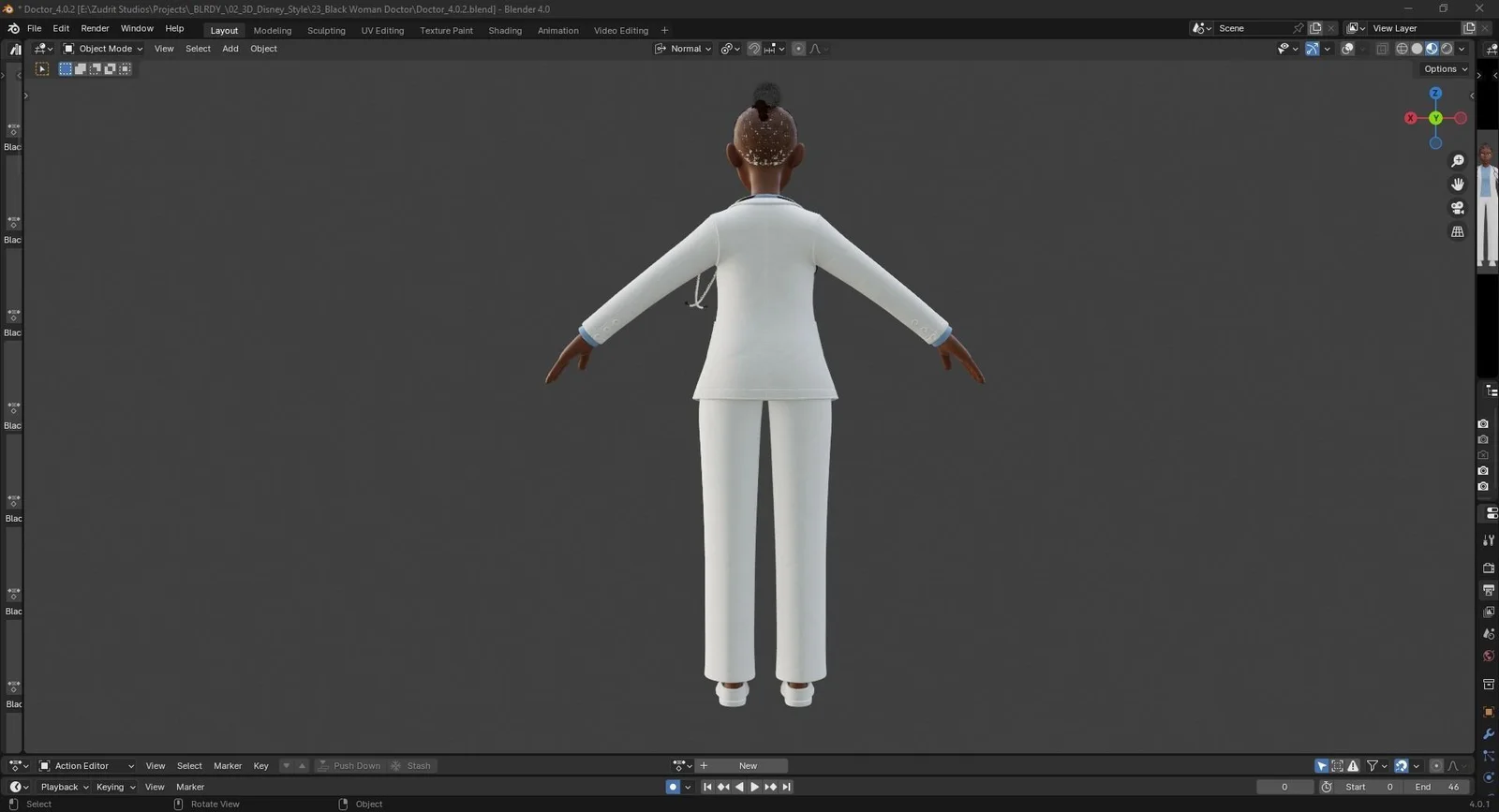 Black Female Doctor: blender character preview full body a pose back