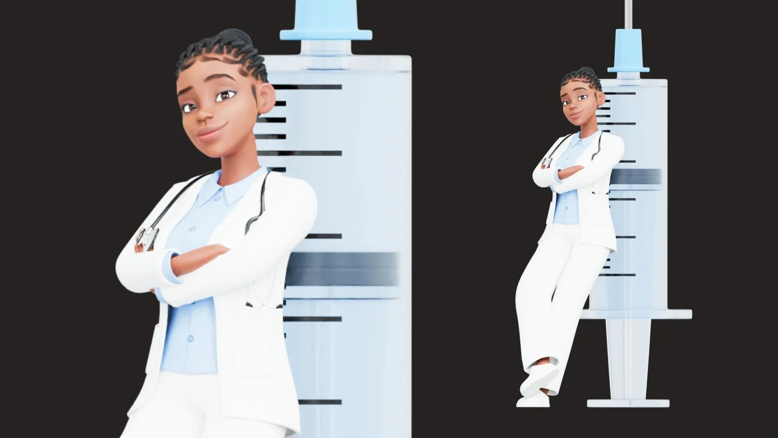 Black Female Doctor: pose preview doctor leaning on large syringe crossed arms