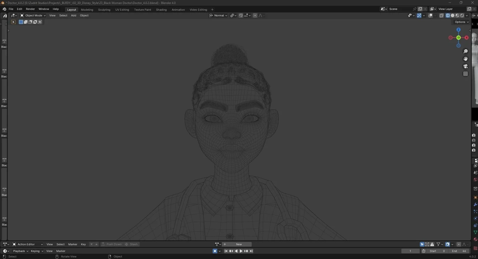 Black Female Doctor: blender mesh preview wireframe face hair and neck