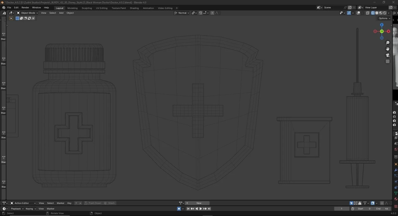Black Female Doctor: blender mesh preview wireframe medicine bottle shield clipboard and syringe