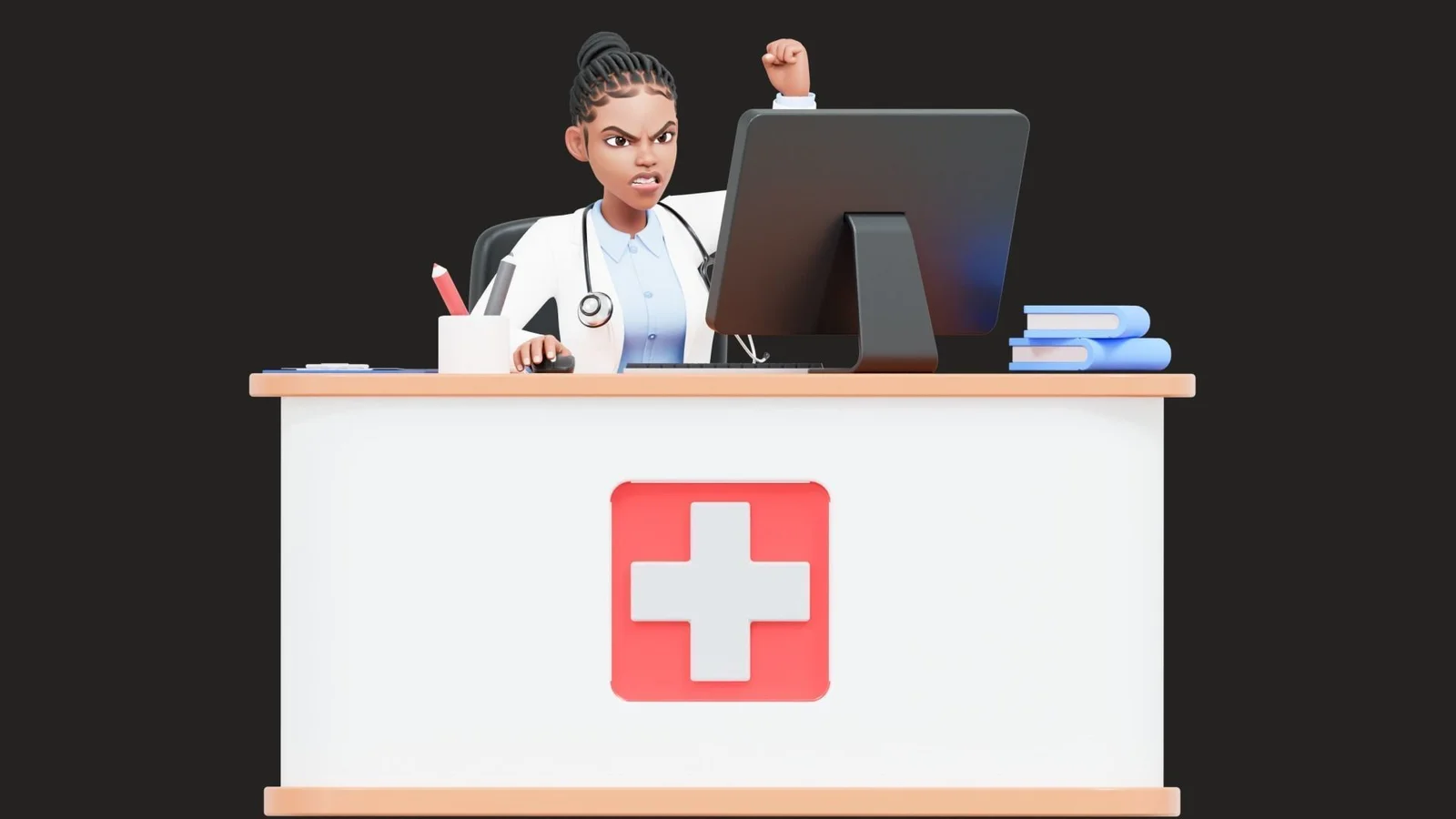 Black Female Doctor: pose preview doctor seated at computer with raised fist