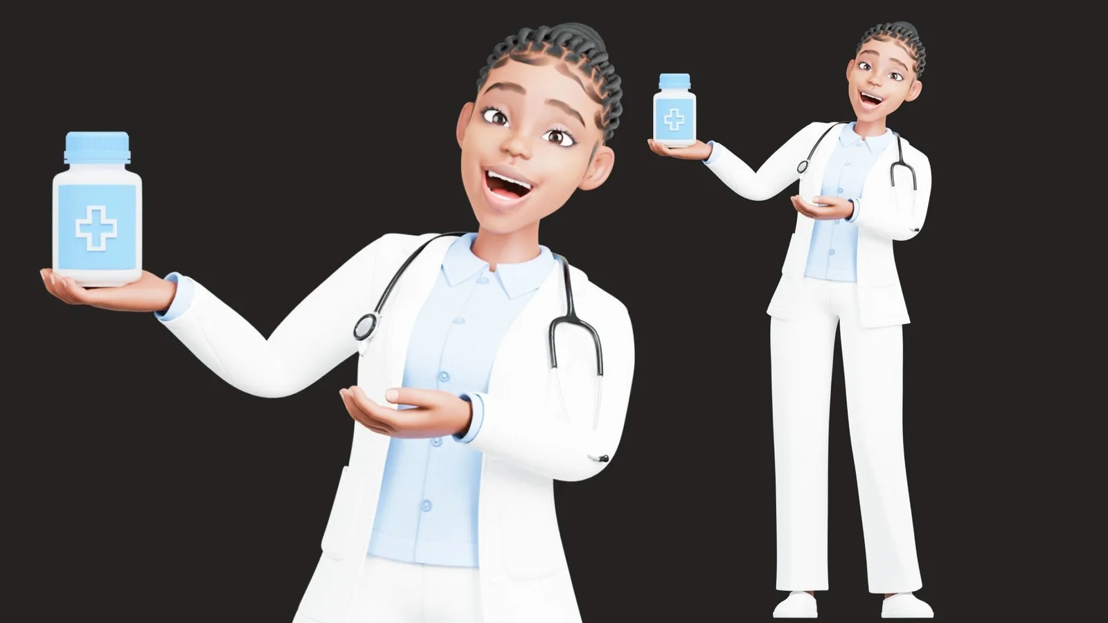 Black Female Doctor: pose preview doctor presenting medicine bottle
