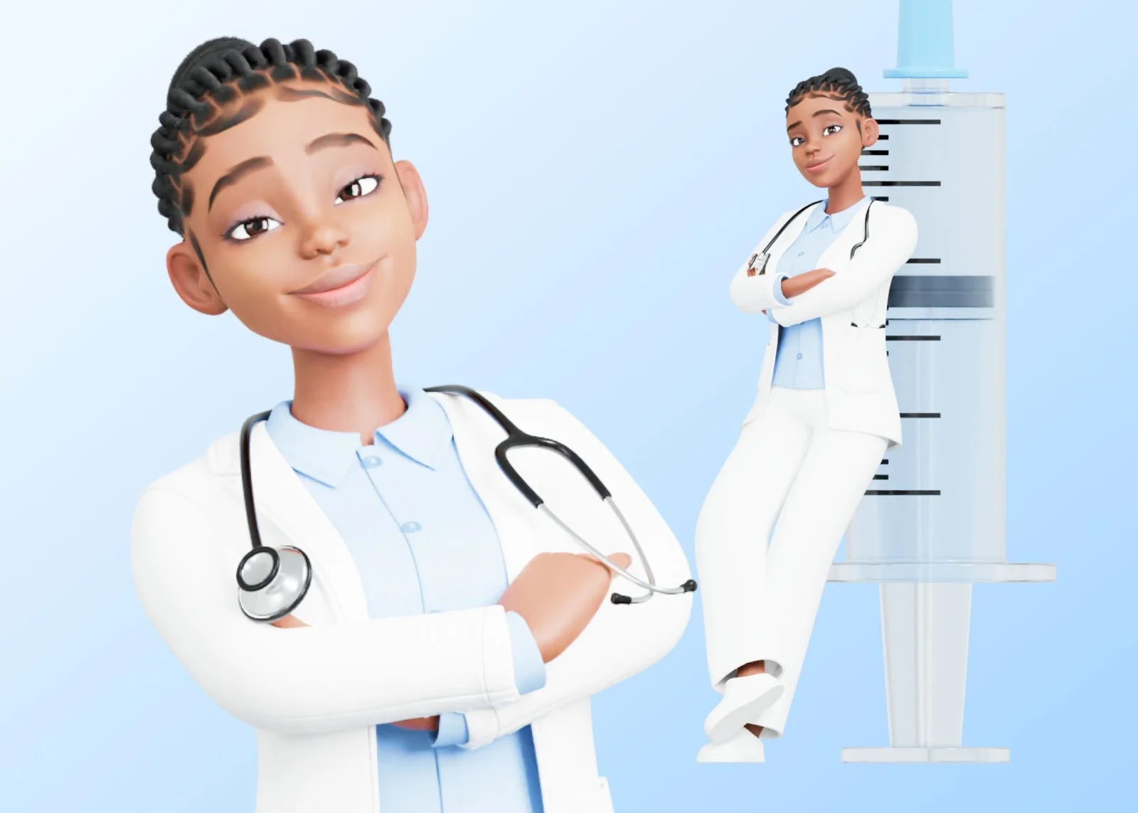 Black Female Doctor: character render preview crossed arms and syringe blue background