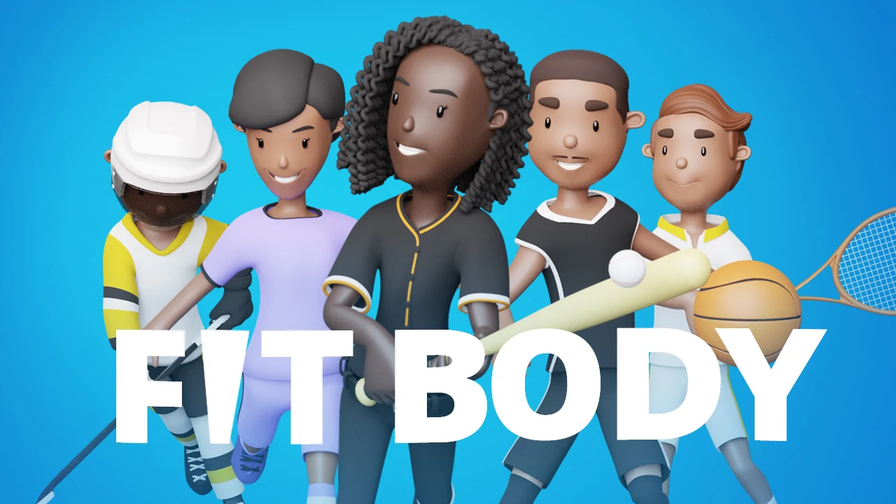 Personajes cartoon de Fit Body con conjuntos de hockey, béisbol, baloncesto y tenis sobre fondo azul