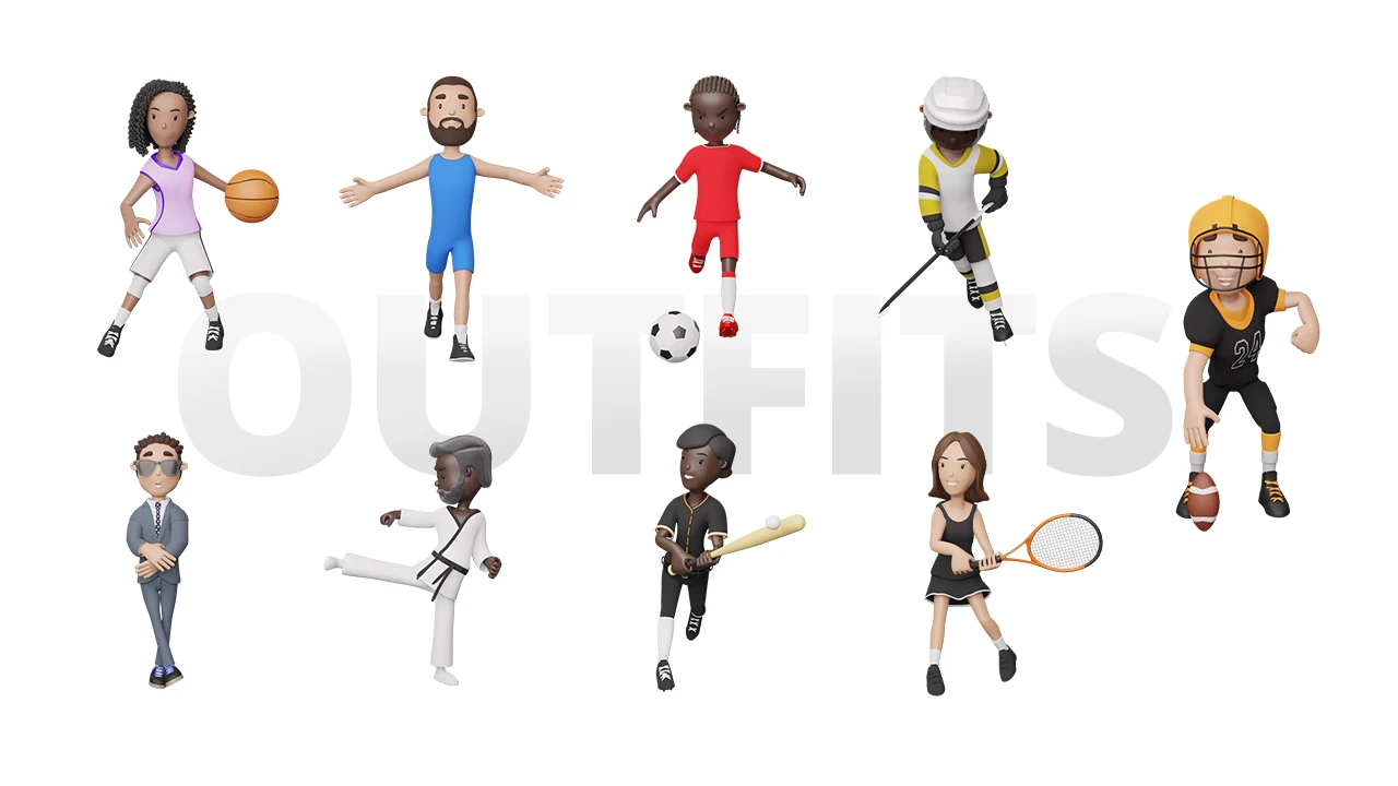 Nueve temáticas de vestuario de Fit Body: baloncesto, lucha, fútbol, hockey, fútbol americano, oficina, kárate, béisbol y tenis
