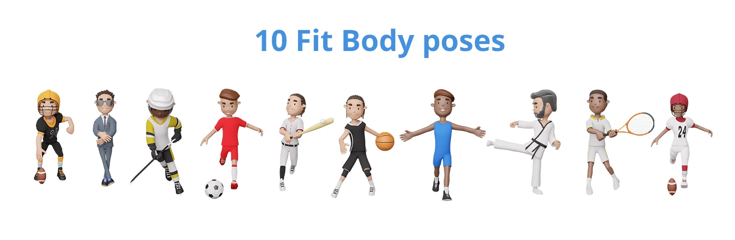 Diez poses de personajes Fit Body con equipamiento deportivo y un conjunto de oficina