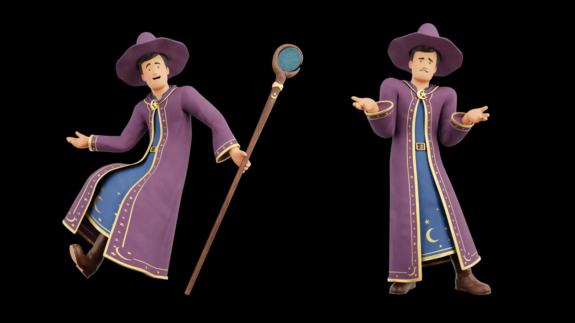 Cartoon Wizard floating staff and shrug pose closeup