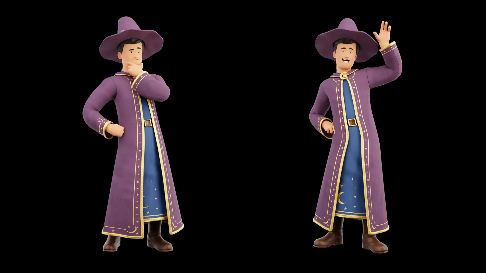 Cartoon Wizard thinking and waving pose closeup