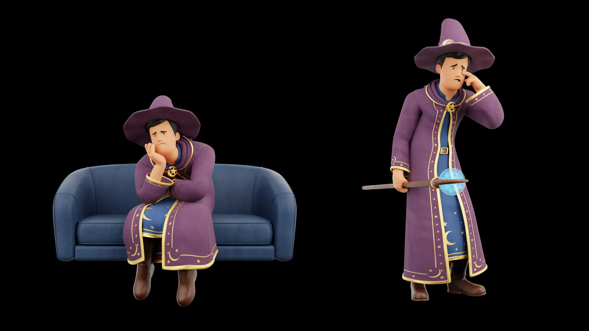 Cartoon Wizard sad couch and staff pose closeup
