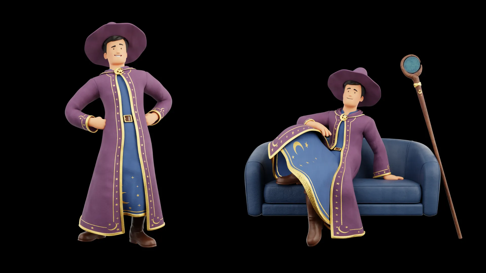 Cartoon Wizard confident standing and couch pose closeup