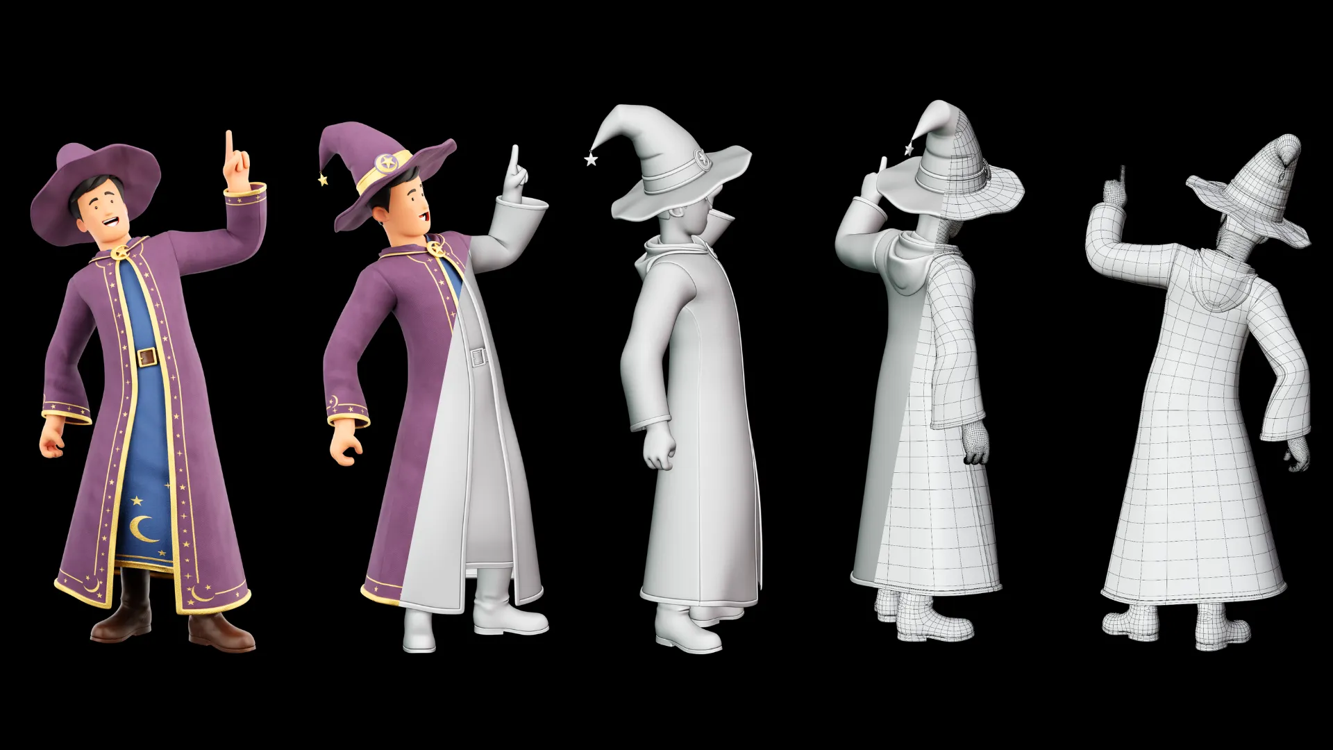 Cartoon Wizard combined feature sheet with shaded and wireframe previews