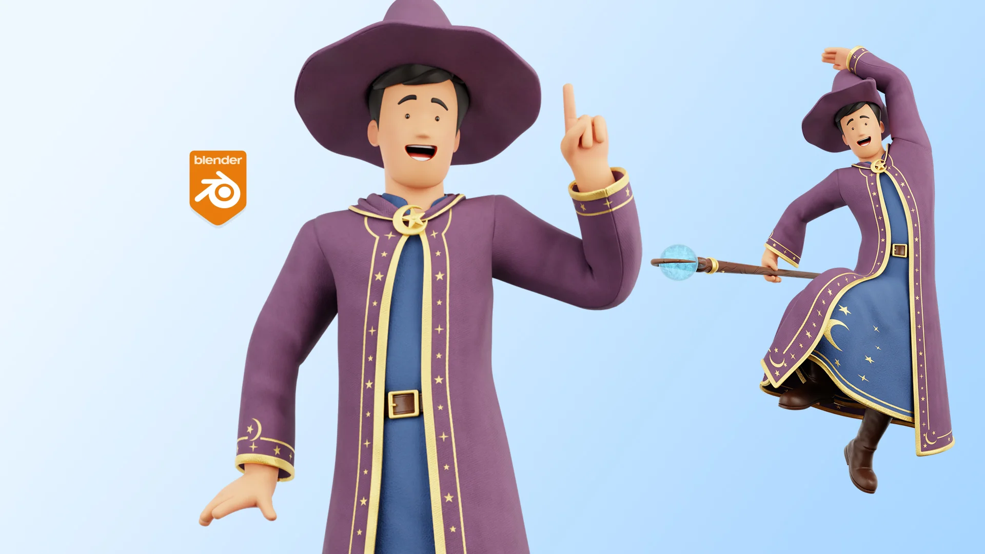 Cartoon Wizard Blender 3D model preview with expressions, poses, and mesh views