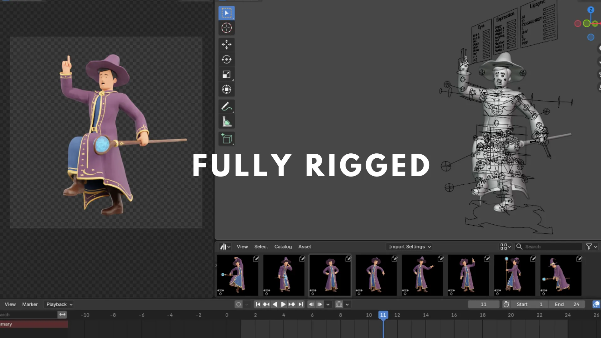 Cartoon Wizard fully rigged body and facial rig Blender preview