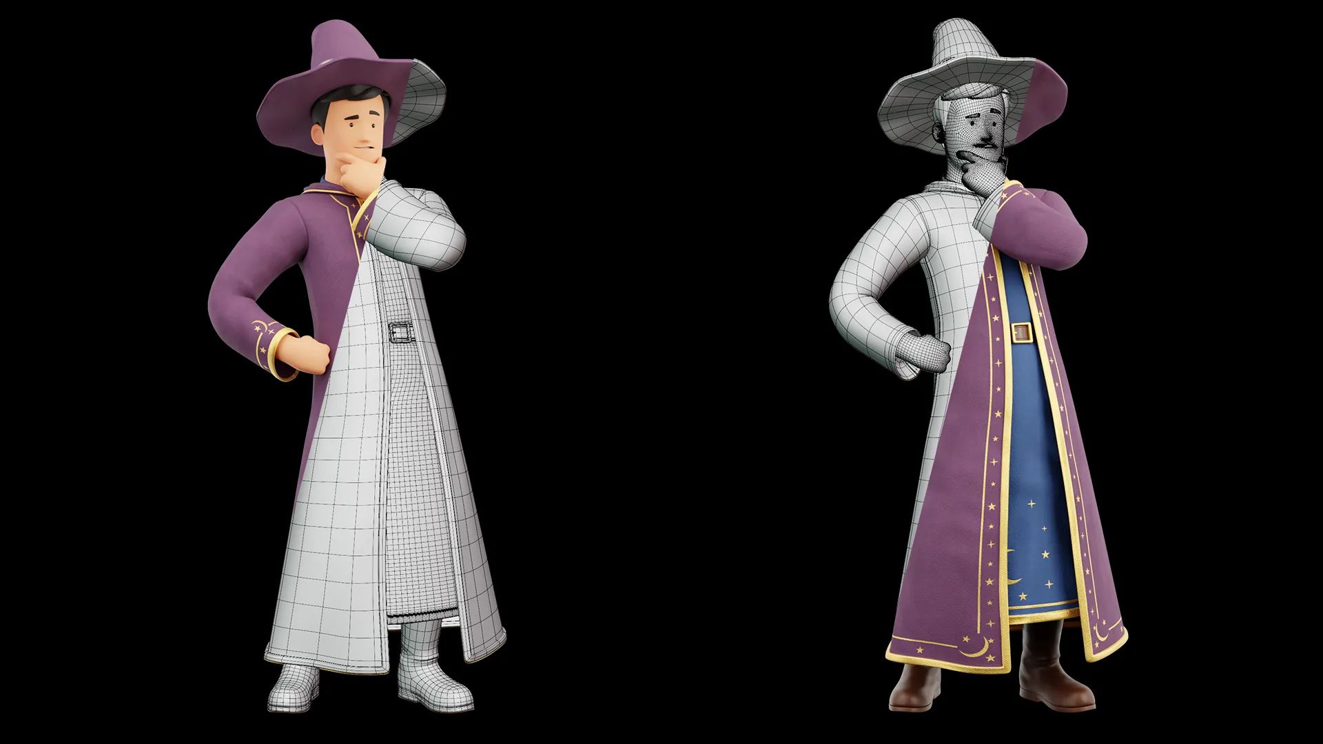 Cartoon Wizard low-poly mesh and textured split preview
