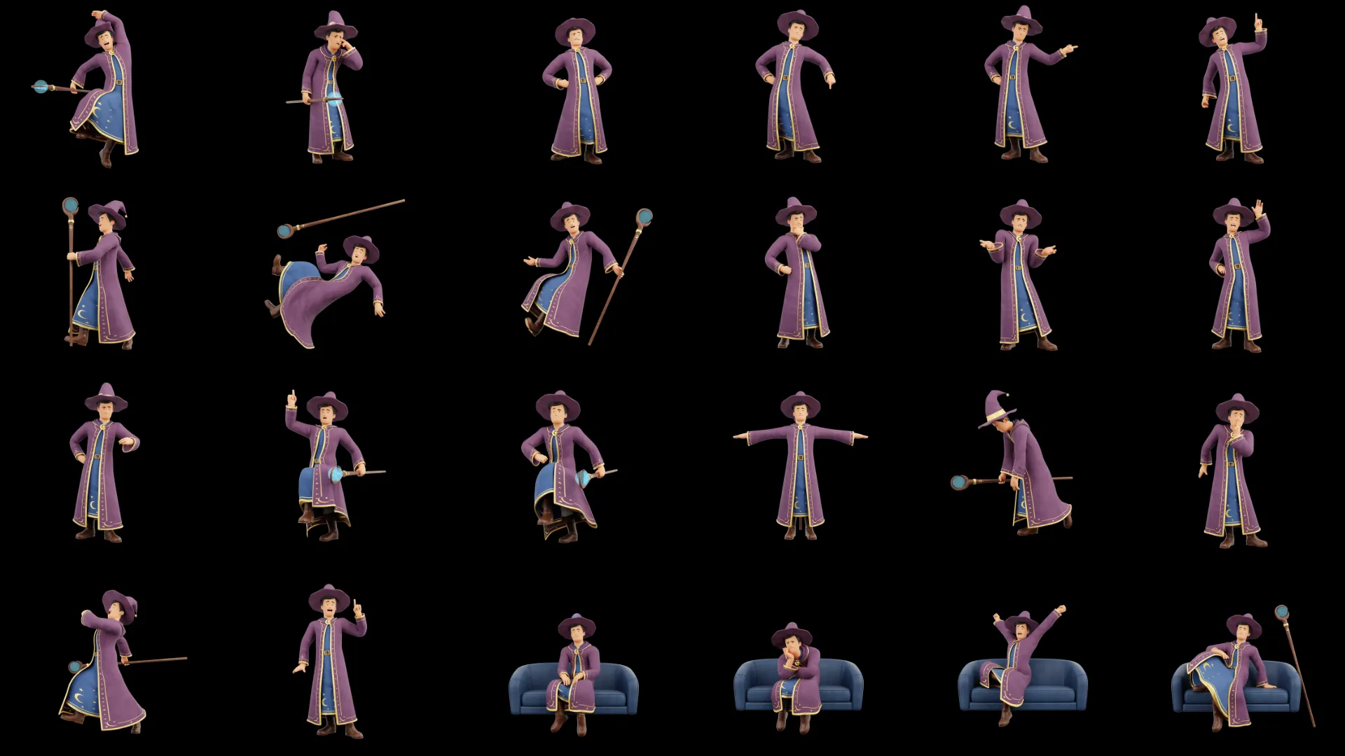 24 Cartoon Wizard poses preview sheet