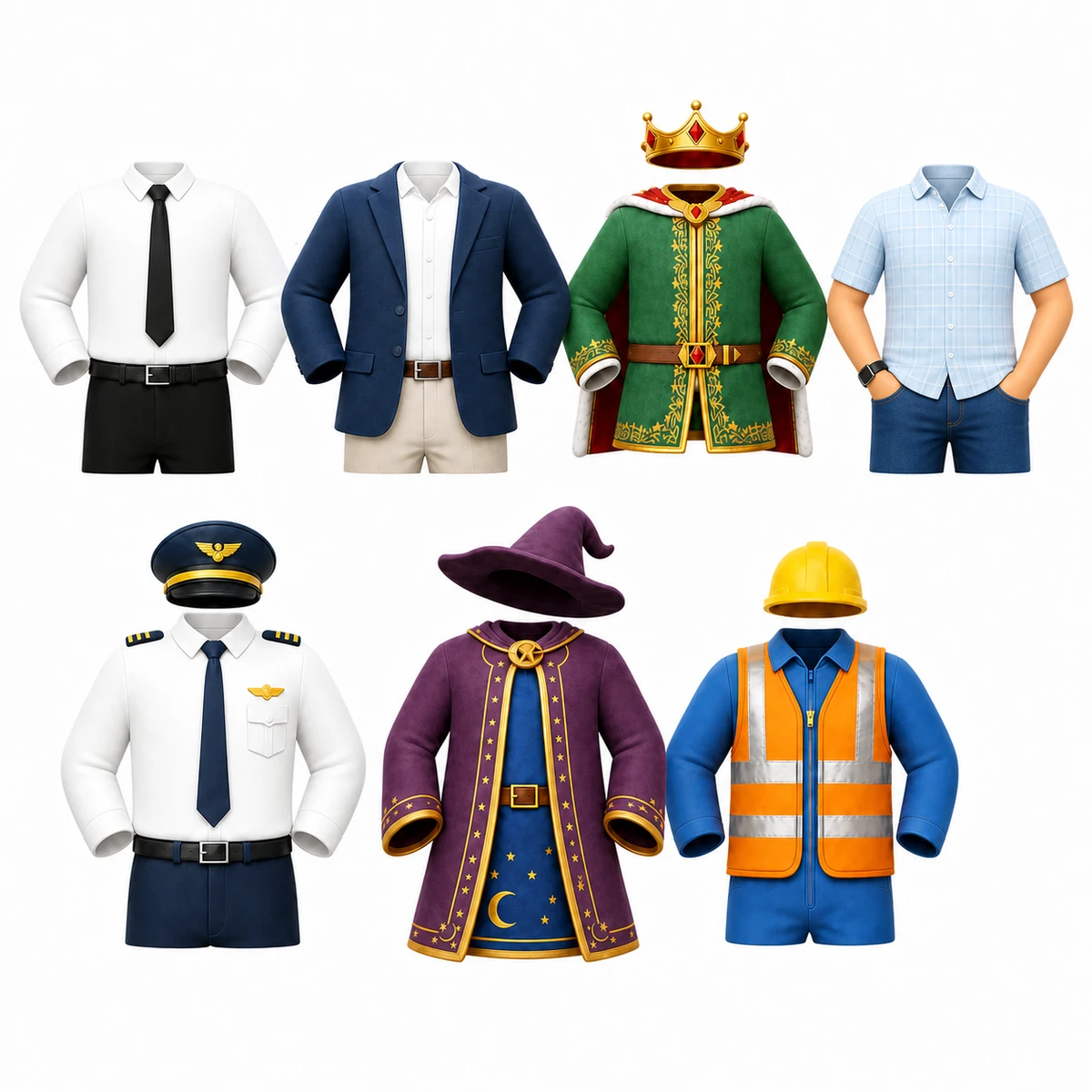 Office Man, Business, Casual Plaid, King, Pilot, Wizard, and Builder outfits in a seven-look grid
