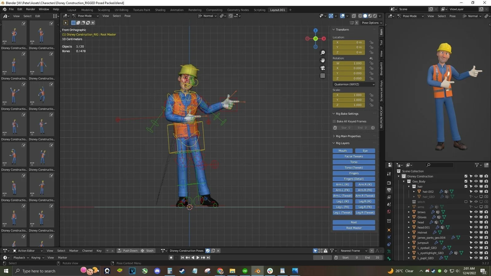Construction Worker: blender full body rig preview presenting gesture front