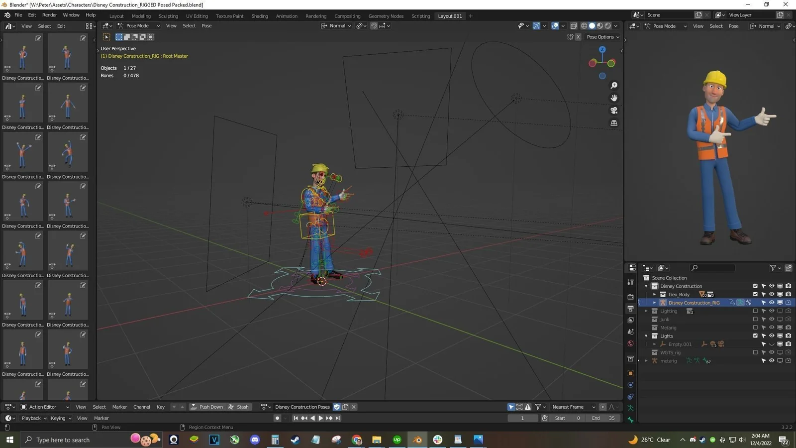 Construction Worker: blender scene preview character camera and lighting wide view