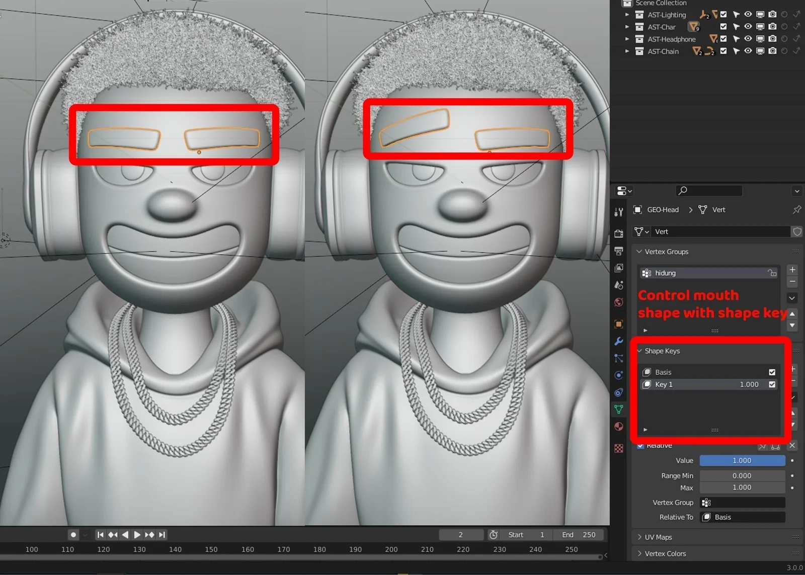 Stylized Character Template: Shape Keys und Ausdrucksregler der Augenbrauen