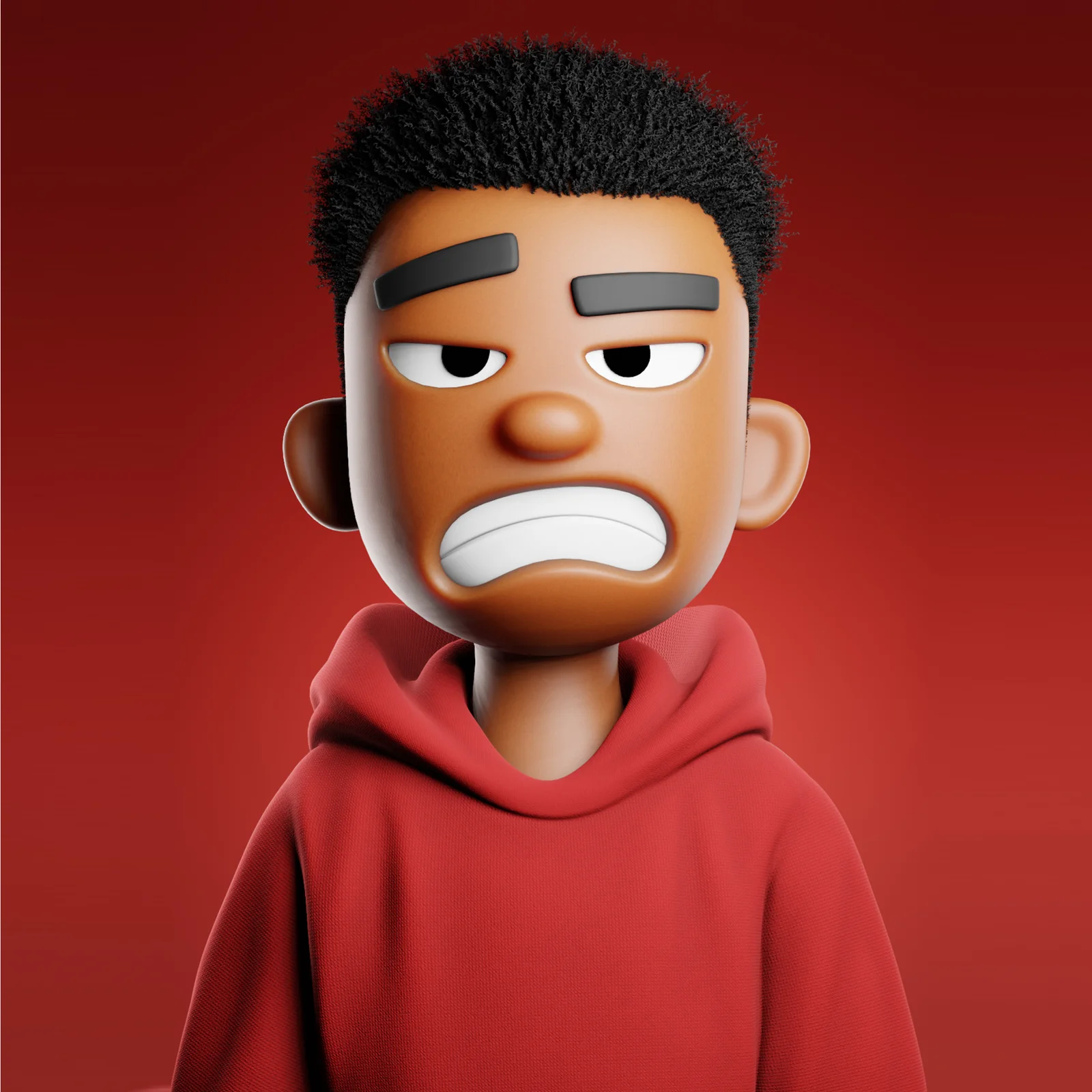 Stylized Character Template: quadratisches Renderbild mit rotem Hoodie und finsterem Ausdruck