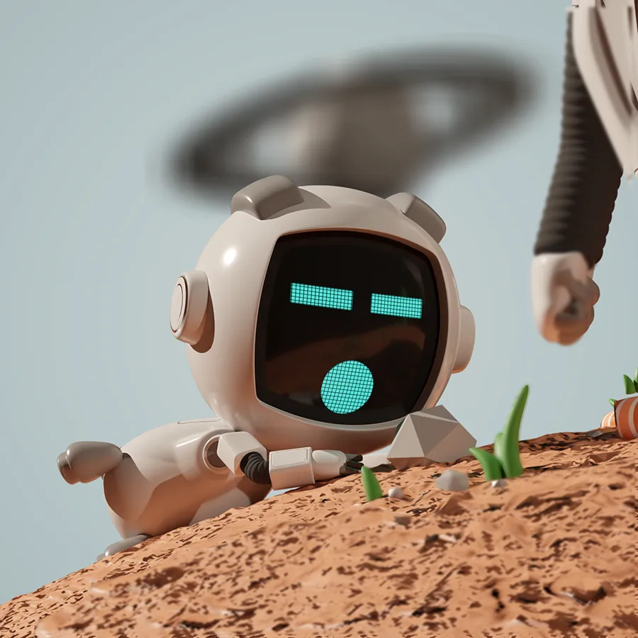 Cute little cartoon robot on the Mars struggling