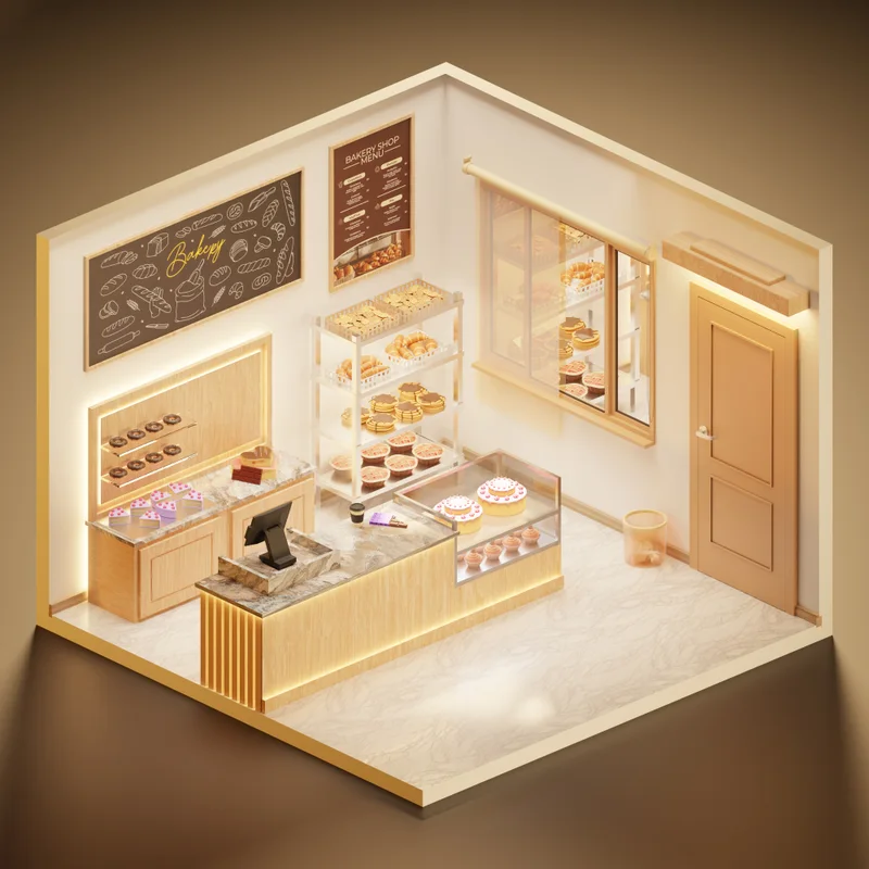 Warme Bäckerei mit Brotregalen, Gebäckvitrine, Menütafeln und Verkaufstheke
