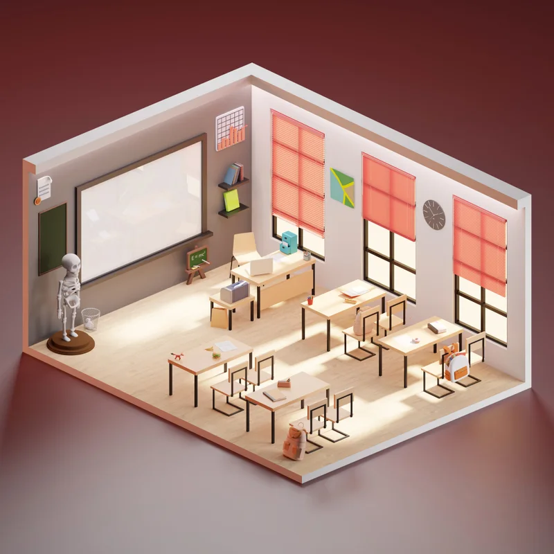 3D-Klassenzimmer mit Tischreihen, Tafel, Büchern und Skelettmodell