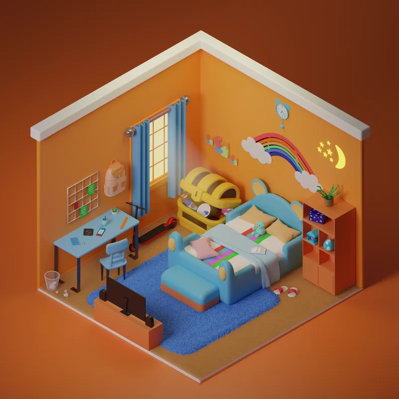 Oranges Kinderzimmer mit blauem Bett in Bärenform, Spielzeug und Schreibtisch