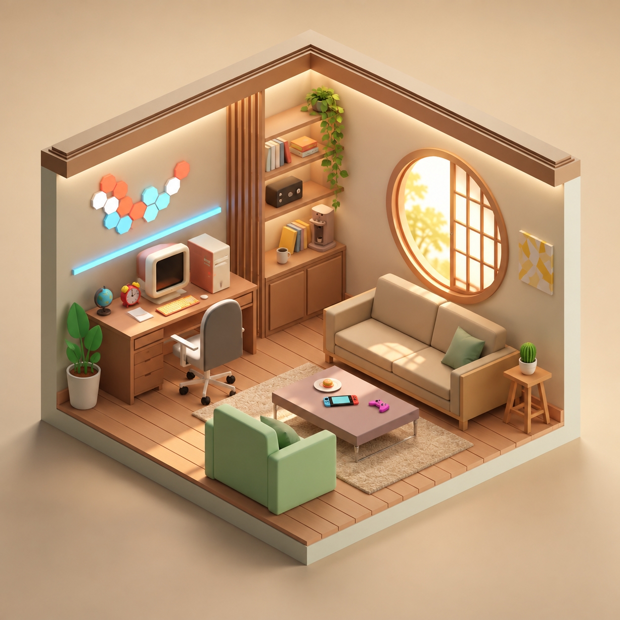 Isometrisches Kreativstudio-Konzept mit dem Roomz-Schreibtisch, Wohnzimmermöbeln und Akzenten aus dem Gamingzimmer