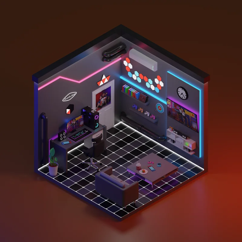 Gamingzimmer mit Neonlicht, Computertisch, Gamingstuhl, ausgestellten Controllern und dunklem Fliesenboden