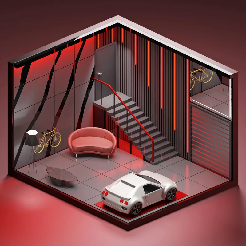 Doppelgeschossige Garage mit weißem Sportwagen, Fahrrad, rotem Sofa und Metalltreppe