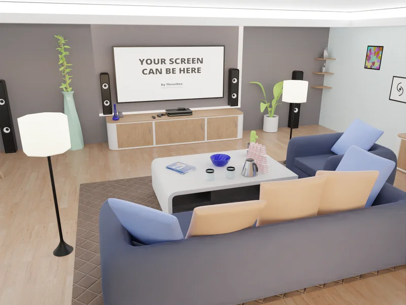 Modernes 3D-Wohnzimmer mit blauen Sitzmöbeln, Couchtisch und großem Fernseher
