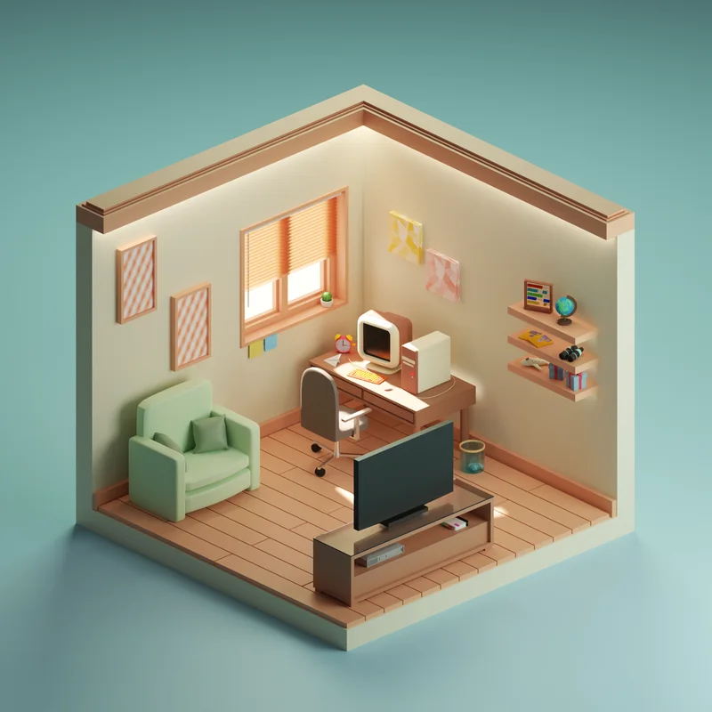 Homeoffice mit Retro-Computer, Schreibtischstuhl, grünem Sessel und niedrigem TV-Möbel