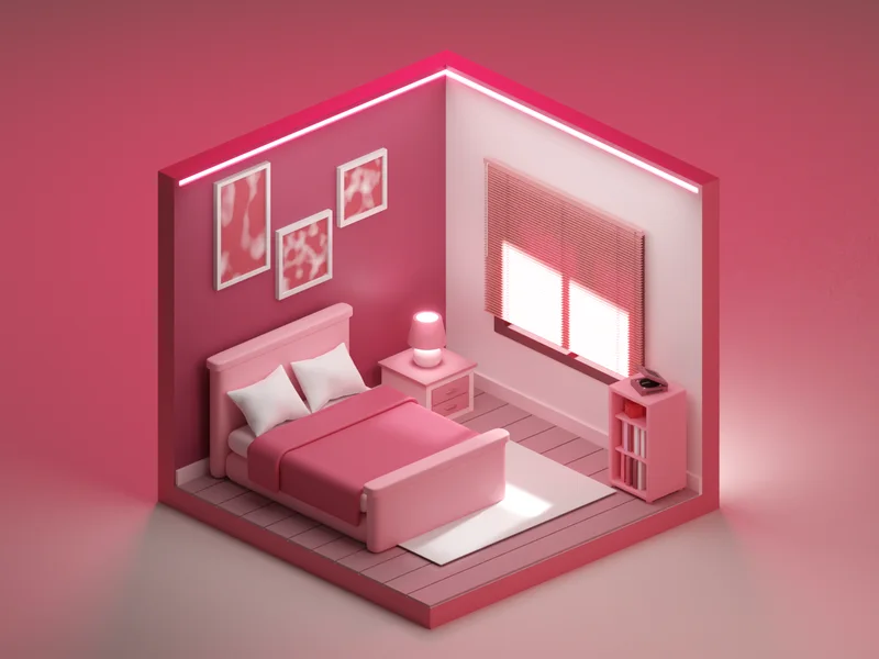 Rosa 3D-Schlafzimmer mit Bett, Nachttischlampe, gerahmten Bildern und Bücherregal