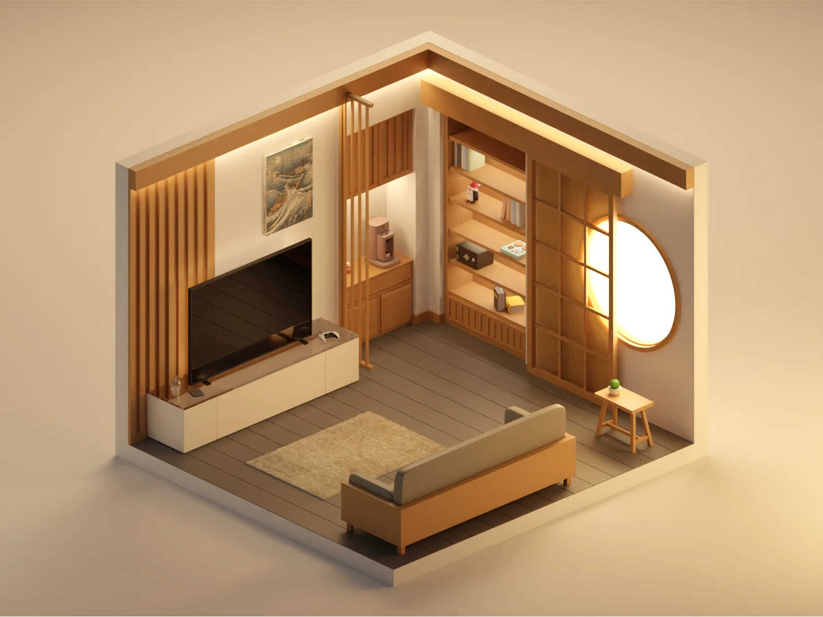 Gemütliches 3D-Wohnzimmer mit Sofa, Regalen und Fernseher