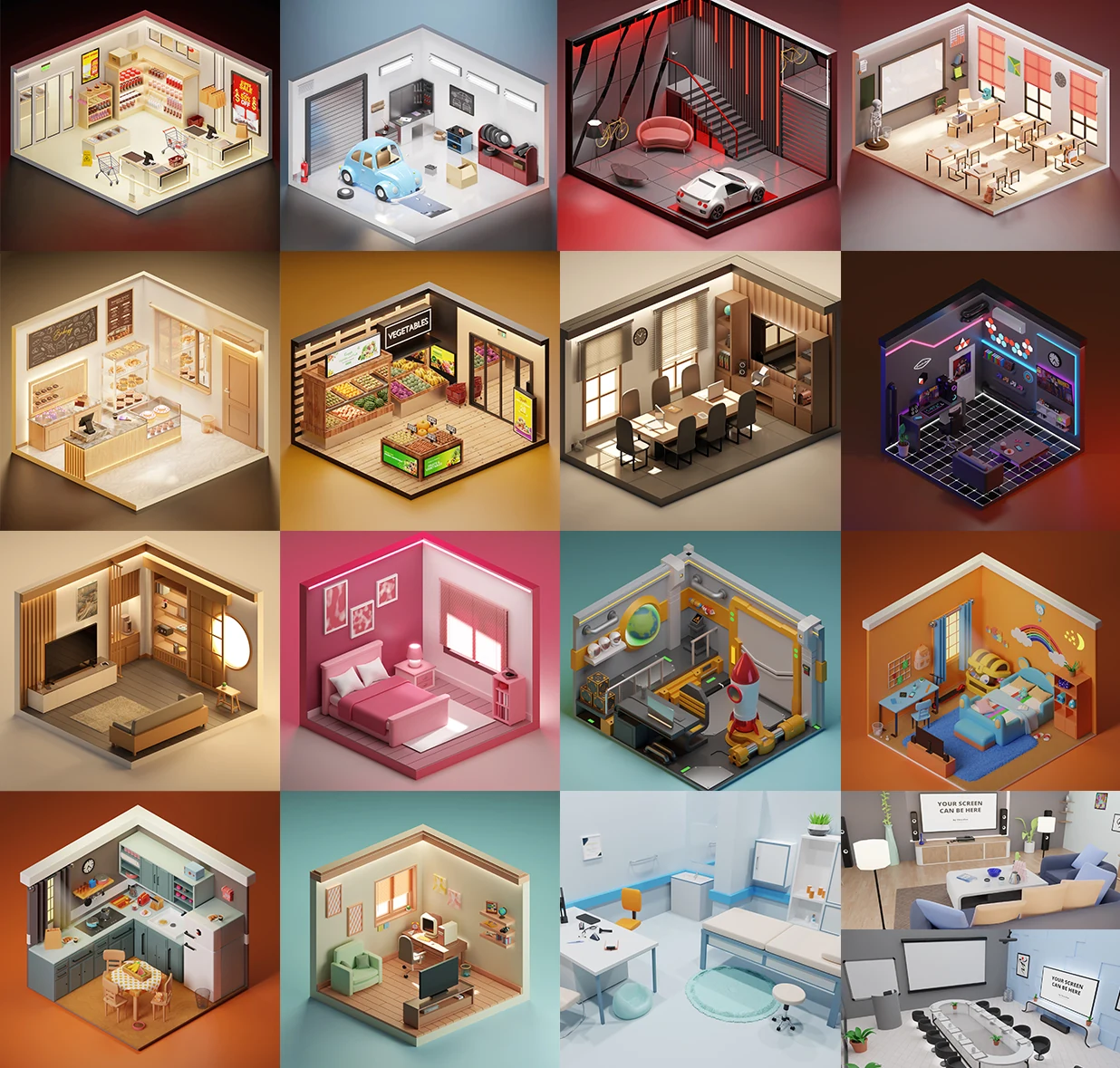 Roomz-Kollektion mit 17 eingerichteten 3D-Räumen, darunter Wohnräume, Klassenzimmer, Geschäfte und Arbeitsräume