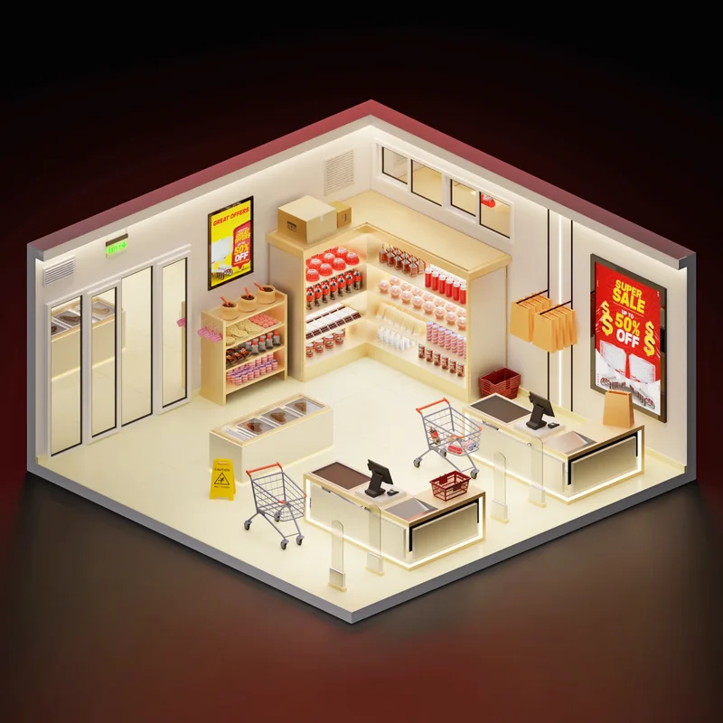 Miniatur-Supermarkt mit gefüllten Regalen, Kühlschränken, Kasse und Einkaufswagen