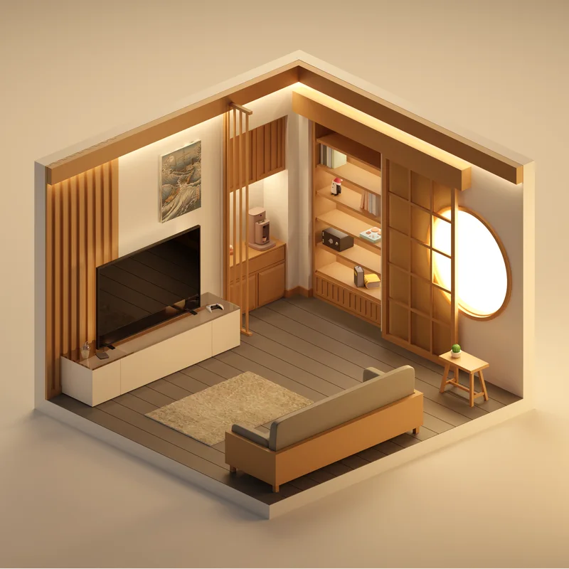 Isometrisches Wohnzimmer mit Holzregalen, senfgelbem Sofa und rundem Fenster
