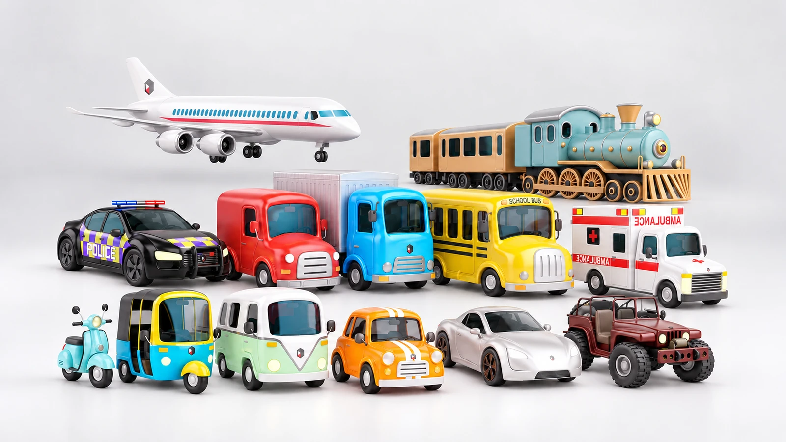 Vehiclez-Auswahl mit Autos, Lastwagen, Bus, Roller, Tuk-Tuk, Flugzeug und Zug