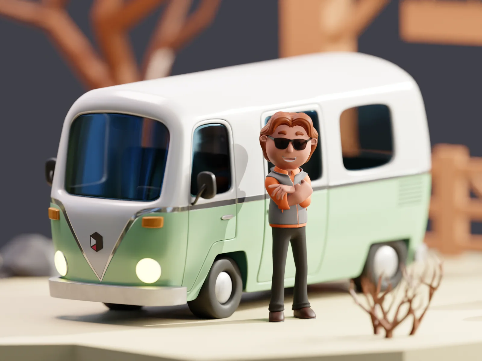 Mintgrüner Camper in einem Inseldiorama mit einer Figur