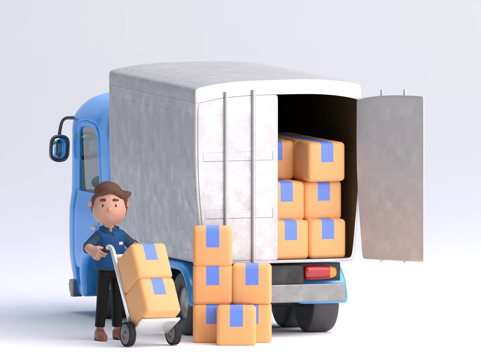 Blauer Lieferwagen beim Entladen von Paketen mit einem Kurier