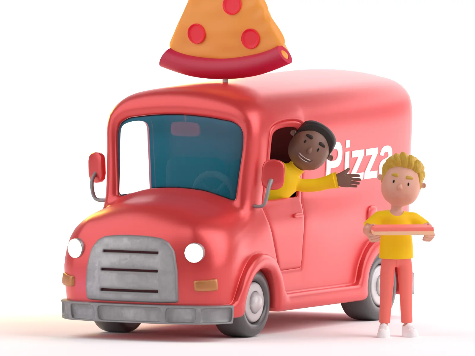 Roter Pizza-Lieferwagen mit zwei Figuren